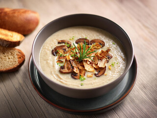 Creamy vegan mushroom soup with crispy shallots and thyme, served in a bowl with artisan bread slices beside it ai.