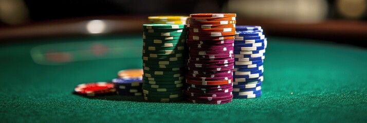 Fototapete - Brightly colored casino chips are stacked high on a green felt table, showcasing a thrilling atmosphere of gambling excitement. Generative AI