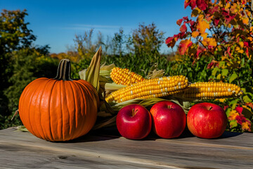 Wall Mural - A vibrant autumn scene featuring a pumpkin, apples, and corn against a colorful background. Thanksgiving background images and wallpaper.