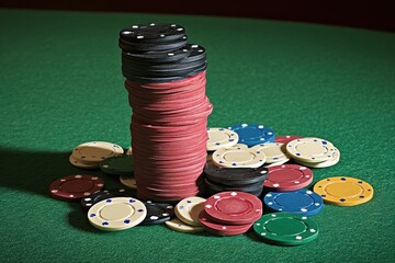 Fototapete - Colorful casino chips are stacked high on a green felt table, surrounded by additional chips, showcasing a lively gambling atmosphere. Generative AI