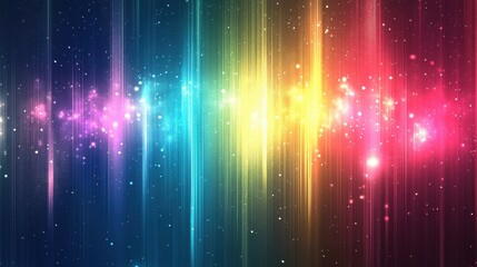 Canvas Print - Vibrant, abstract cosmic scene with vertical streaks of light in rainbow colors against a dark background, accompanied by glowing particles and stars