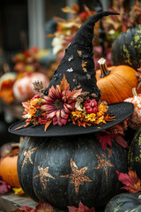  black witch's hat on top of pumpkins, decorated with flowers and fall leaves for an autumn-themed display. Halloween decor ideas.