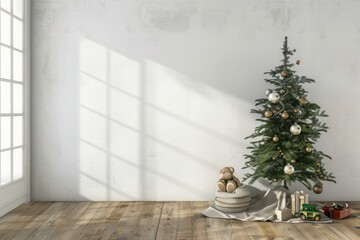 Minimalist Christmas interior background with decorated Christmas tree and gift boxes on the wooden floor