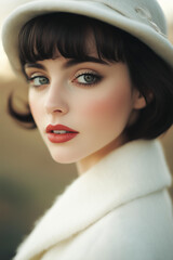 retro-style fashion photo of an attractive woman with short dark hair, wearing a white coat and hat, a vintage makeup look, in an outdoor setting, a close-up shot, with detailed facial features