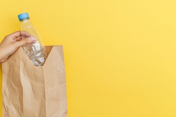 A hand retrieves a transparent plastic bottle with a blue cap from a brown paper bag, set against a bright yellow background, illustrating contemporary lifestyle choices.