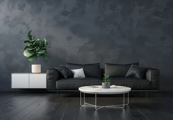 Modern minimalist living room interior with a stylish black sofa, contemporary coffee table, indoor plants, and a dark gray wall. Elegant and cozy home decor