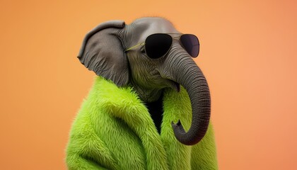 An elephant in a neon green fur coat and dark aviator sunglasses, standing tall against a soft gradient background that transitions from pastel peach to vibrant orange.