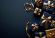 © zumrud - Neatly arranged stack of navy blue gift boxes with shiny gold ribbons and bows