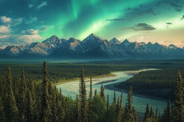 A sweeping panorama of vibrant northern lights illuminating a stunning mountain range, with lush forests and a winding river creating a scene of natural beauty.