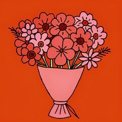 Sticker - A vibrant bouquet of pink flowers against a striking red background. Generative AI