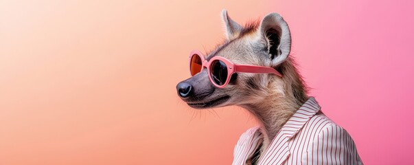 a cool hyena in a vintage pinstripe suit and stylish sunglasses, set against a background transition