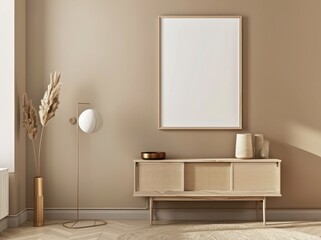 Minimalist interior design with a blank picture frame, providing a stylish backdrop for showcasing artwork or designs.