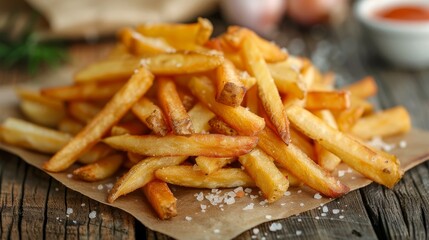 Crispy golden French fries on a rustic wooden table, white background