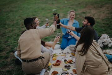 A diverse group of friends enjoying a picnic, toasting with drinks on a cloudy day in a scenic park, creating a joyful and relaxed atmosphere.