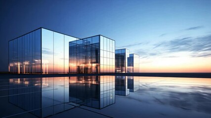Poster - Modern Glass Architecture at Sunset: A striking architectural rendering of a contemporary glass building complex, bathed in the warm glow of a setting sun.