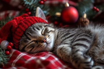 Kitten wearing santa hat sleeping near christmas decorations