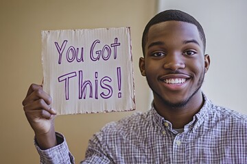 A friendly young man with a beaming smile holds a cardboard sign saying 'You Got This', exuding positivity and support in a comfortable indoor environment.