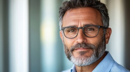 A man with a beard and glasses smiles warmly at the camera, dressed in a light blue shirt. The background features soft lighting with an urban vibe, indicating a modern setting