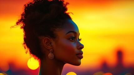 As the sun sets, a young woman with natural curls stands silhouetted against a colorful sky, lost in thought while enjoying the breathtaking view of a city skyline bathed in warm tones