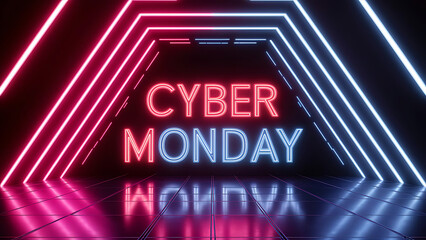 Cyber Monday Neon Sign in Futuristic Tunnel – Vibrant Pink and Blue Lights, Modern Tech Aesthetic, Perfect for Sales Promotions