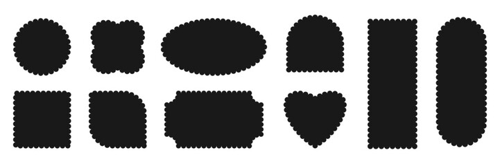 Poster - Retro scallop frames set in abstract geometric form circles, oval, square, rectangle, flower, heart shapes isolated on transparent background. Vector vintage element for ticket, lace edges border.