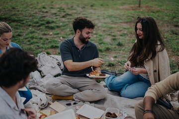 Sticker - A group of multiracial friends enjoys a relaxing picnic together on a cloudy day in a natural setting, sharing food and laughter.