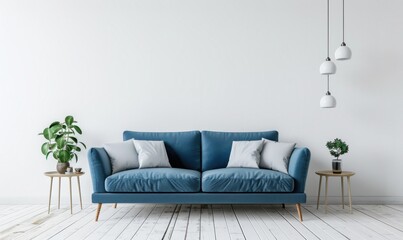 Stylish blue sofa, pillows, plants, and modern lamps in a minimalist living room interior with a white wall. 3D rendering