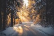 © ChaoticMind - Golden sunlight peeks through snow-laden trees along a winding forest road, casting radiant beams and enchanting the serene winter landscape with warmth and light.