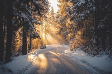 golden sunlight peeks through snow-laden trees along a winding forest road, casting radiant beams an