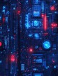 © jodoto - High-Tech Digital Circuit Board with Blue and Red Neon Lights, Futuristic Technology Interface Design