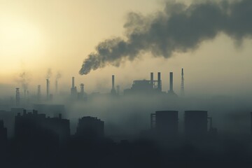 The image shows an industrial landscape with several chimneys releasing smoke into the sky at dusk, creating a dramatic and atmospheric scene with heavy environmental impact.