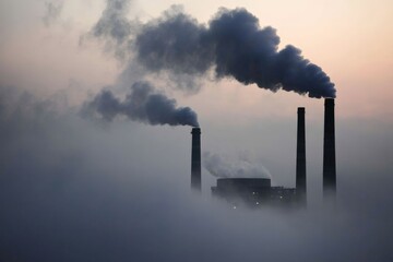 A cloudy sky enveloped in heavy smoke from a series of industrial chimneys, capturing the essence of modern urban challenges and environmental concerns.