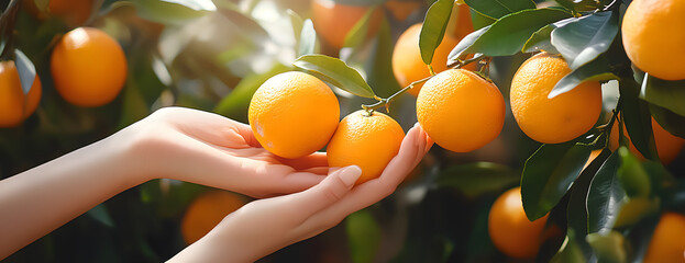 Canvas Print - Female hands picking oranges from tree branch. Close up shot panoramic