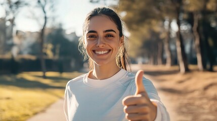 Wall Mural - Happy Woman Giving Thumbs Up Outdoors