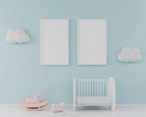 Two blank picture frames mockup on a pastel blue baby room wall. Minimalist design with a crib and clouds. Perfect for showcasing your artwork or designs