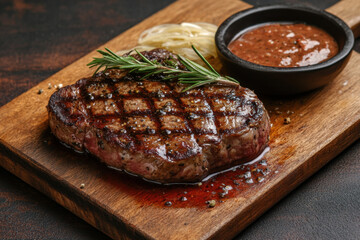 delicious steak with entrec�te sauce served on wooden board, garnished with rosemary and accompanied