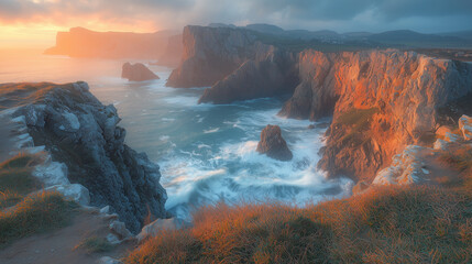 Wall Mural - Waves crashing against rugged cliffs, a misty atmosphere, dramatic lighting, long exposure. A steep bank and a cliff.