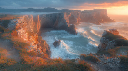 Wall Mural - Waves crashing against rugged cliffs, a misty atmosphere, dramatic lighting, long exposure. A steep bank and a cliff.