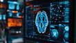 © Sahraya - A virtual hologram interface displaying an X-ray scan of a human brain on a futuristic HUD screen, representing advanced medical technology concepts for future healthcare.