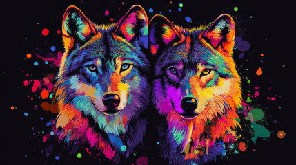 Naklejka na meble An abstract pop art-style portrait of a pair of wolves, featuring neon colors and watercolor splashes on a black background, created as digital vector graphics.




