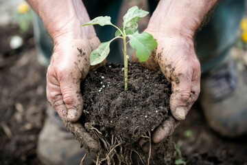 A hand is cradling a healthy plant seedling, illustrating the connection to nature and the importance of sustainable, conscious growth and environmental stewardship.