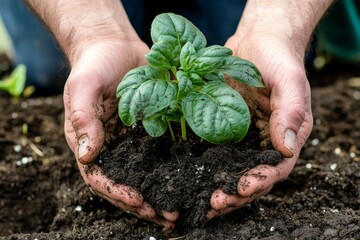 This image showcases a pair of hands gently holding a small, thriving plant in rich soil, symbolizing growth, care, and the nurturing aspects of nature and humanity.