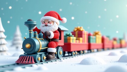 Santa Claus riding a vintage train with colorful presents in a snowy landscape