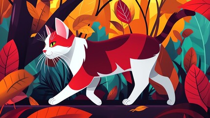 A vibrant illustration of a red and white cat walking through a colorful forest filled with autumn leaves.