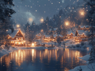 Enchanting snowy village celebrating New Year's Eve with fireworks, festive lights. AI Generative