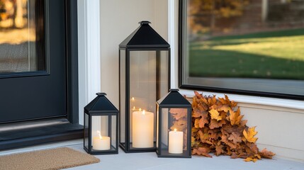 A charming porch features black lanterns and candles surrounded by colorful autumn leaves, inviting a warm ambiance for fall gatherings