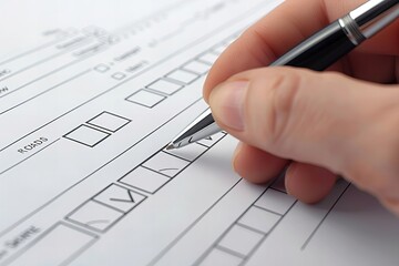 Fototapete - Close-up of hand ticking checkboxes on survey or office report form with a pen
