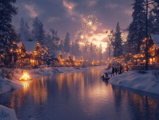 Snow-covered village celebrating New Year’s Eve with bonfires and fireworks at sunset. AI Generative