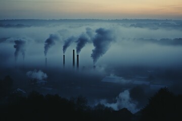 Silhouette of factories emitting thick dark smoke into the air as dusk falls, creating a moody atmosphere and emphasizing environmental concerns and air quality.