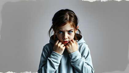 Composite photo collage of crazy scared girl hide collar pullover aaa fear mental trauma problem isolated on painted background isolated with white highlights, png